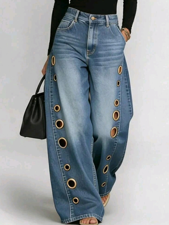 Denim - European And American New Denim Jeans With Women's Metal Eyelets Design
